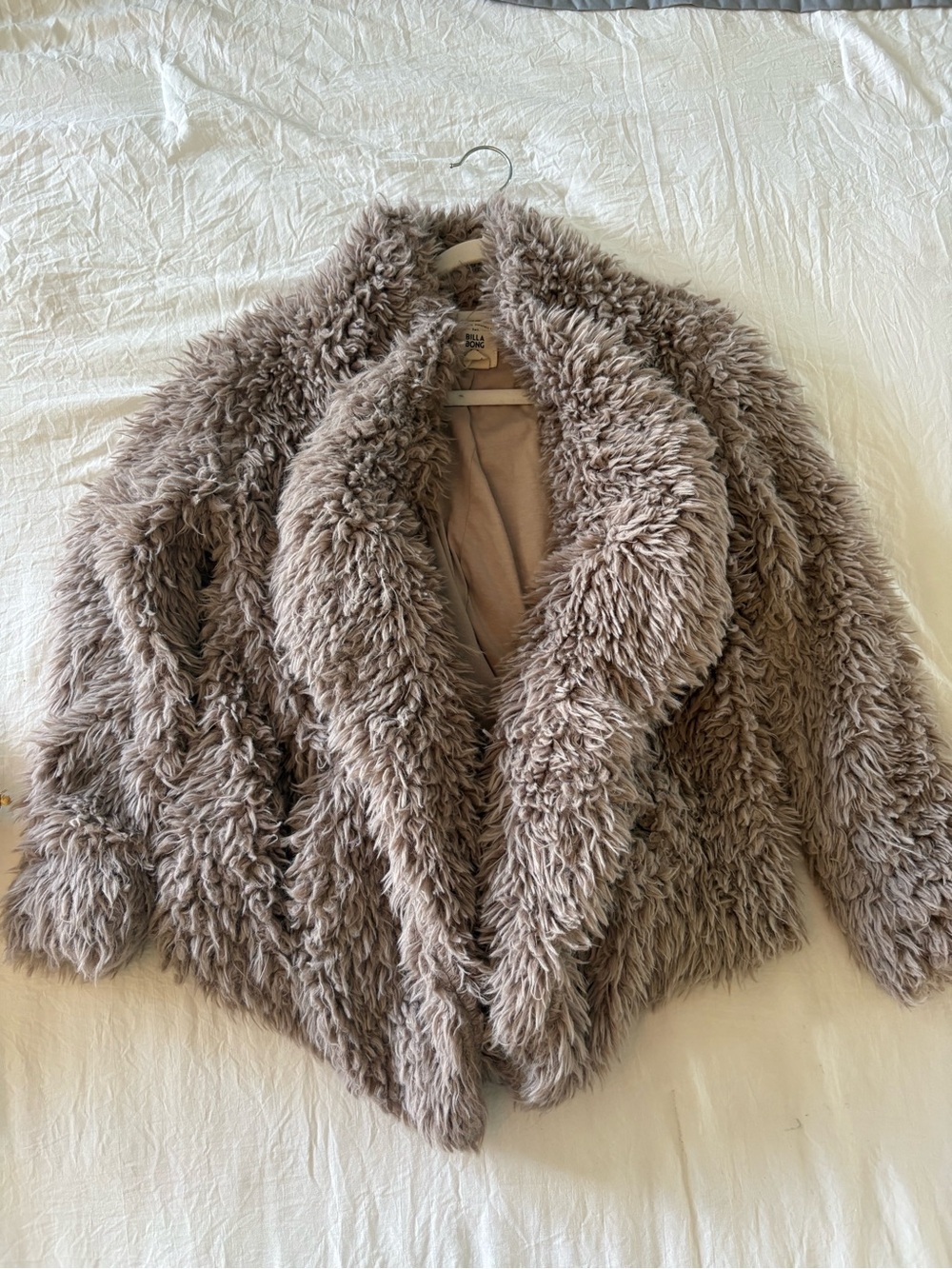 Billabong Faux Fur Shaggy Jacket Coat Taupe Brown